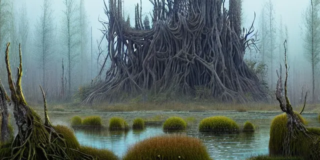 Prompt: painting dreadful forest of weeping willows in a bog by tomasz alen kopera and cornelius dammrich with futuristic wood castle by eddie jones and simon stahlenhag