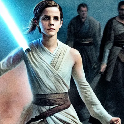 Image similar to emma watson as a jedi knight in battle, high high high quality