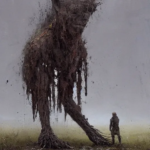 Image similar to painting by jakub rozalski of a muddy rooted humanoid creature with a big hole in the head