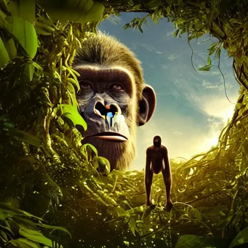 Image similar to cinema 4D colorful render, utopian jungle in space , planet of the apes, old decaying statue of ape from a far distance , a detailed zoned in human anatomy veins, nature, heavy green, dramatic lens flares, apes hanging from vines, a evil dark sun , depth field, unreal engine, sharp, incredible detail, professional composition, quality digital art, 4k, 4k concept art and hyper realism