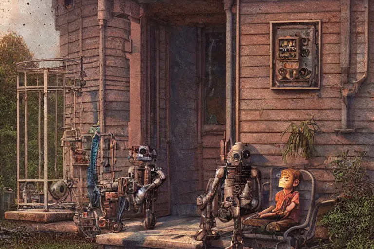 Prompt: close up of a big old rusty robot and a boy sitting and talking to each other on the porch of an old house, steampunk, neo goth, by jean giraud!!!, by artgerm, by greg rutkowski, by brian froud, by beksinski, octane render, hd, evening mood, dynamic lighting