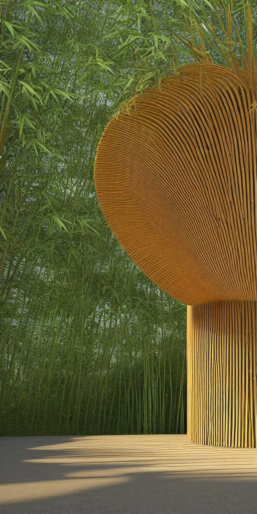 Prompt: photo of a bamboo pavilion with hundreds of thin steel round columns. corona render