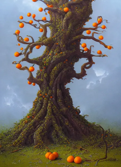 Image similar to ayahuma tree with orange fruits looking like an ent, art by christophe vacher