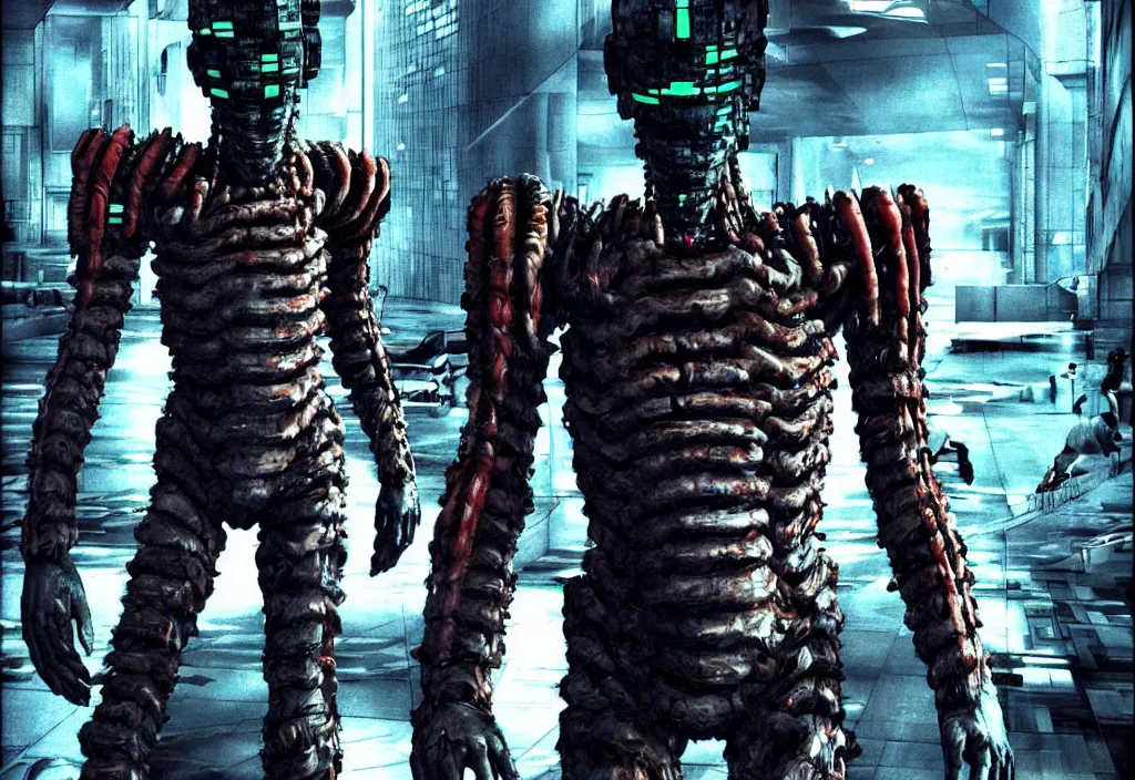 Image similar to hyperrealistic colorized cinestill of willem dafoe in the style of dead space, junji ito, gantz, roaming toronto yorkdale mall. deep aesthetics of weirdcore