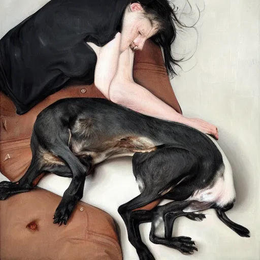 Prompt: woman with black greyhound, by jenny saville. dark atmosphere