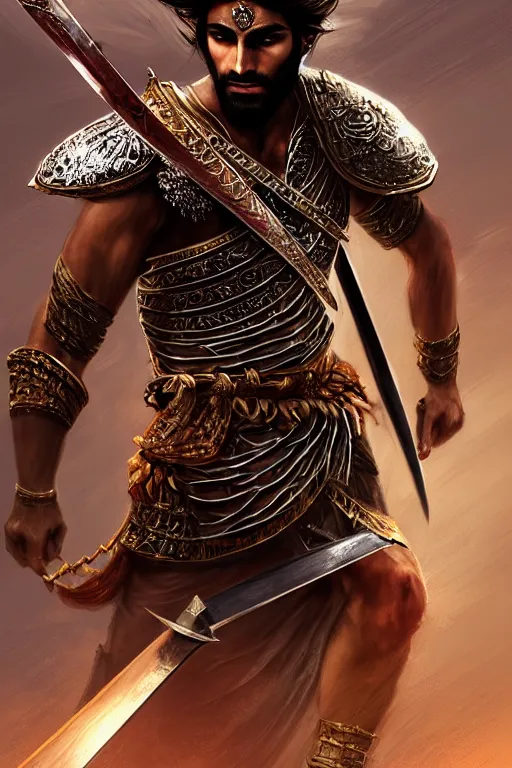 Prompt: portrait of a Persian Prince fighting at war, warrior, brutal battle, handsome prince of persia, attractive young man, heroic pose, persian style architecture, dramatic lighting, dark and horror, action and tragedy, dust and blood, intricate, wild, highly detailed, digital painting, artstation, concept art, smooth, sharp focus, illustration, art by artgerm and greg rutkowski and alphonse mucha, footage from space camera