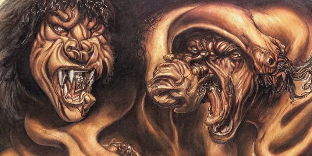 Image similar to Chimera of Joe Rogan and Howard Stern in the style of Boris Vallejo, portrait, intricate, highly detailed, concept art, smooth, sharp focus