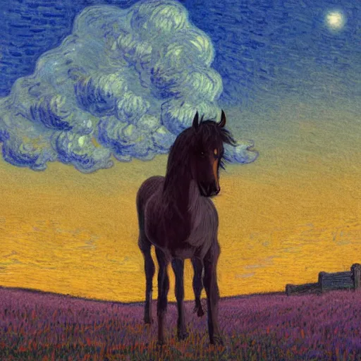 Prompt: sad ominous painting of a horse in a cemetery at dusk, in the style of studio ghibli and moebius and claude monet and vincent van gogh