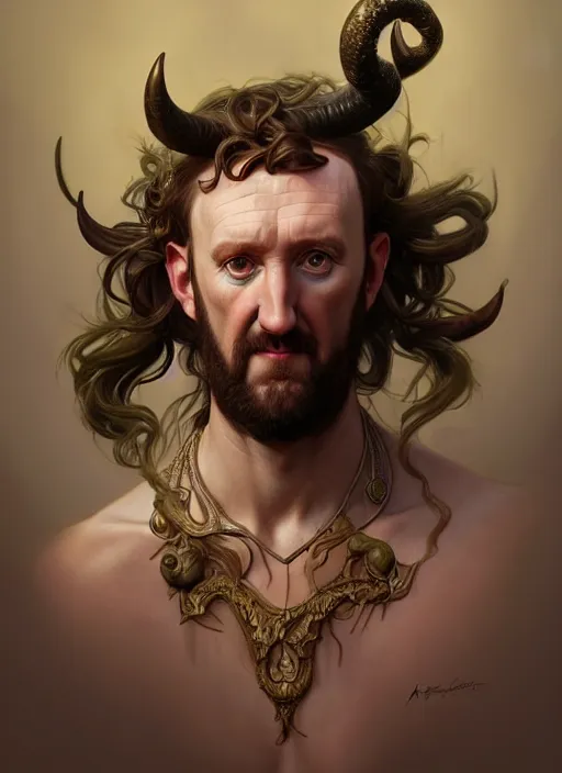 Image similar to portrait of alex horne as a satyr, d & d, fantasy, intricate, elegant, highly detailed, digital painting, artstation, concept art, smooth, sharp focus, illustration, art by artgerm and greg rutkowski and alphonse mucha