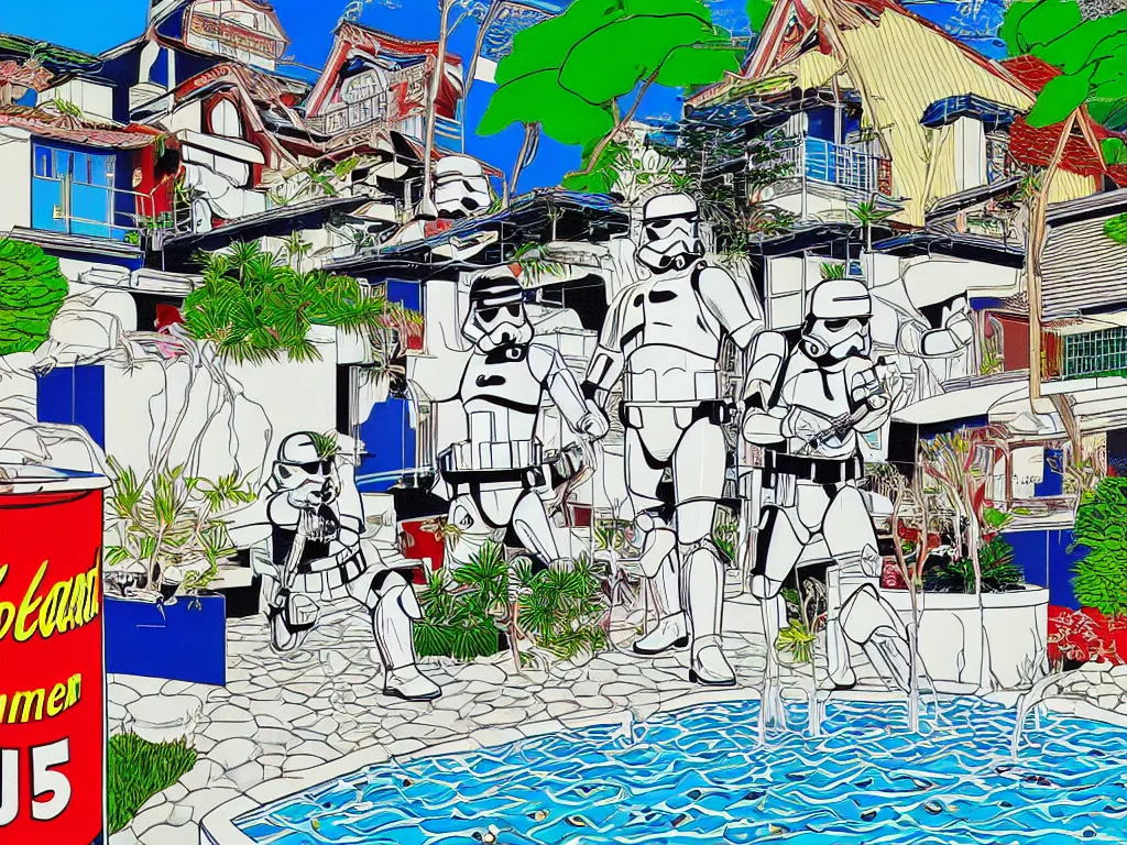 Image similar to hyperrealism composition of the japanese house with a hot springs in the garden, detailed stormtrooper in hot springs, pop - art style, jacky tsai style, andy warhol style, roy lichtenstein style, acrylic on canvas