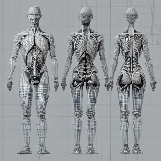 Image similar to a concept of a detailed and intricate design of a full body of human anatomy, 3 d design, great finesse organic hyper detailed, engineering blueprints, technical drawings, calculus, stained paper, hyperrealistic, ultra detailed, 4 k, octane render, unreal engine