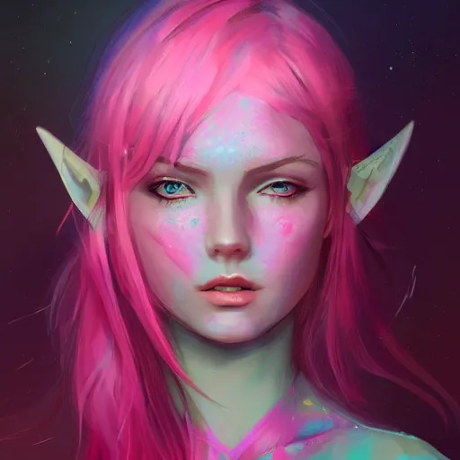 Image similar to girl portrait, elven warrior princess, head and shoulders, matte print, pastel pink, neon highlights, digital art, cute freckles, digital painting, fan art, elegant, pixiv, by Ilya Kuvshinov, daily deviation, IAMAG