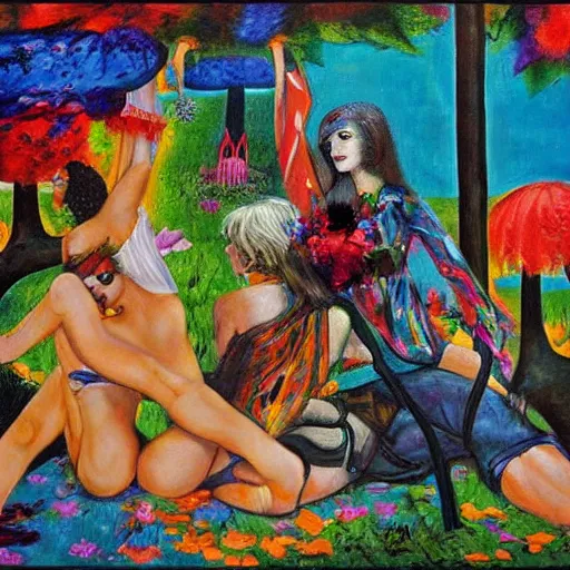 Image similar to social encounters, depictions of the scene and free love hangs - al fresco, postmodern painting, summer of love, sensuous, abstracted, highly detailed, hd