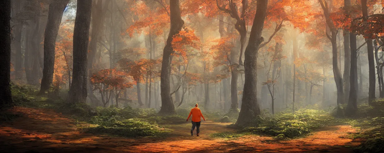 Image similar to a man in orange clothes walking through a forest, a detailed matte painting by senior matte painter, cgsociety contest winner, fantasy art, matte painting, volumetric lighting, rendered in unreal engine