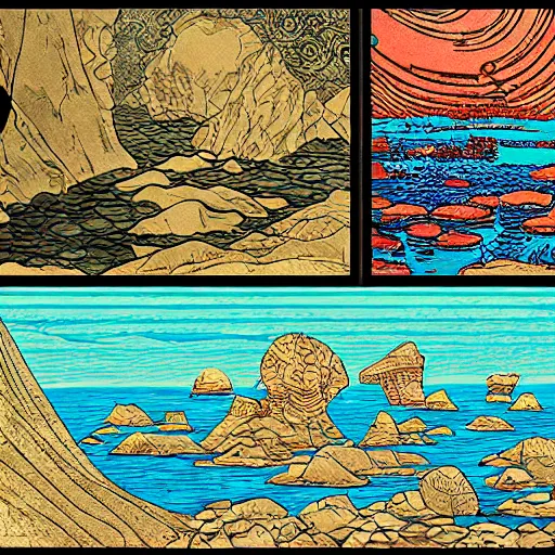 Image similar to detailed ivan bilibin and ilya kuvshinov and katsuhiro otomo inspired woodblock of ocean tidepools.