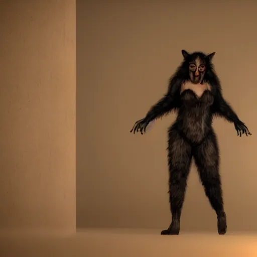 Image similar to woman transforming into a werewolf at night and covered with black realistic fur, ultra detail, unreal engine 5, 8 k