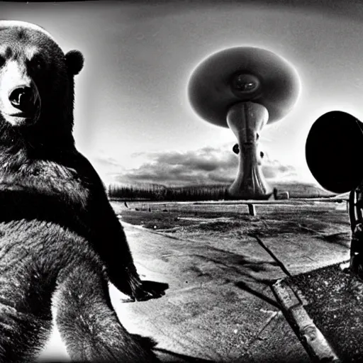 Image similar to putin on a bear, fish eye, atomic bomb in background