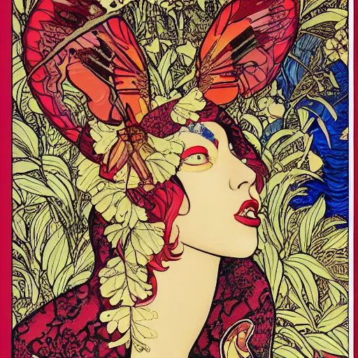 Prompt: lady gaga on a detailed ivan bilibin and edmund dulac and ilya kuvshinov and katsuhiro otomo inspired print