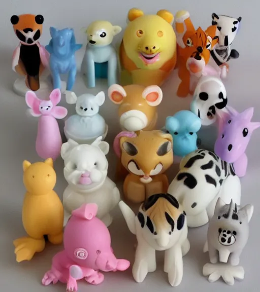 Image similar to some cute plastic toys that look like animal characters, pastel colors