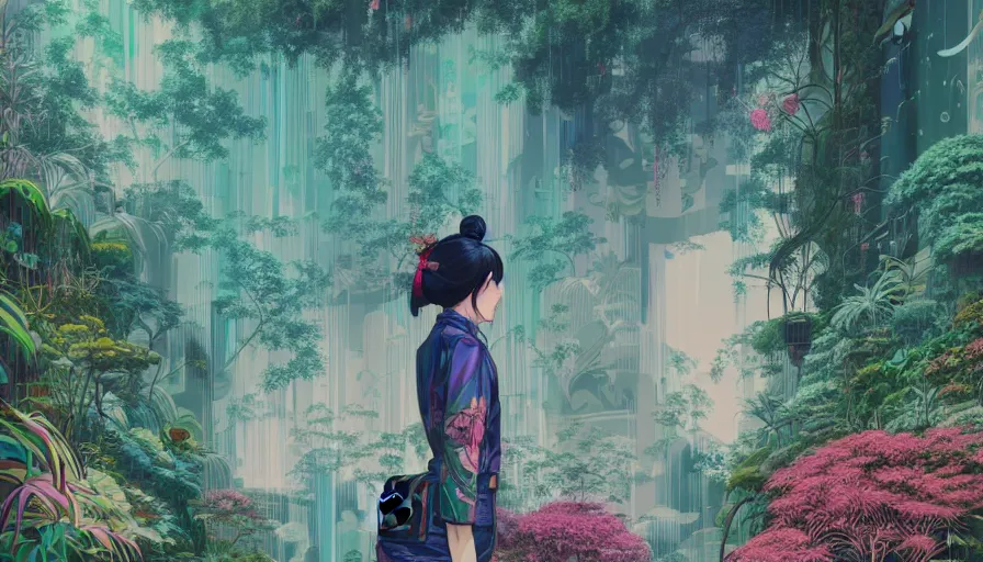 Image similar to a digital painting of a woman in the distance wearing gucci exploring a magical japanese temple, lush plants and flowers, eco - cyberpunk art by james jean, cgsociety, retrofuturism, anime aesthetic, chromatic, iridescent, uhd