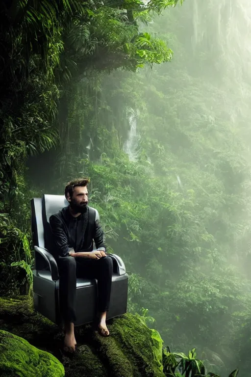 Image similar to movie closeup young man with a grey beard in a cyberpunk suit sitting on a futuristic chair at the edge of a jungle waterfall by emmanuel lubezki