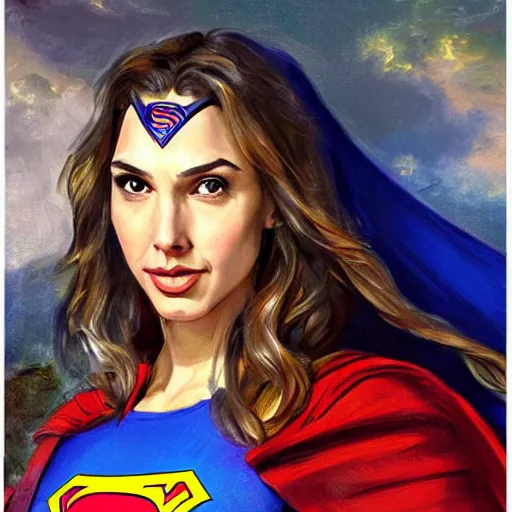 Prompt: a potrait of gal gadot as supergirl. by rembrandt 1 6 6 7, illustration, by konstantin razumov