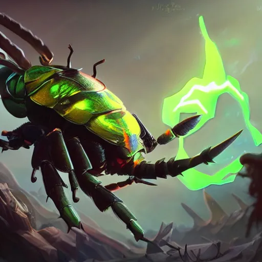 Prompt: a giant glowing horned beetle, horned beetle, horned beetle, green theme, bright art masterpiece artstation. 8 k, sharp high quality artwork in style of jose daniel cabrera pena and greg rutkowski, concept art by tooth wu, blizzard warcraft artwork, hearthstone card game artwork, horned beetle