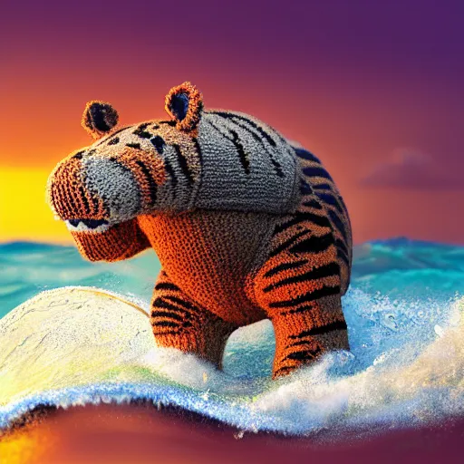 Image similar to a closeup photorealistic photograph of a cute smiling knitted tiger hippopotamus riding a wave at sunset. surf in background. professional capture. brightly lit scene. this 4 k hd image is trending on artstation, featured on behance, well - rendered, extra crisp, features intricate detail, epic composition and the style of unreal engine.