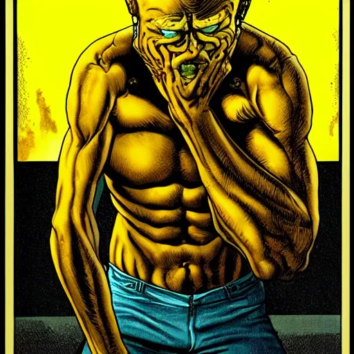 Image similar to lemon headed man scared crying, ultra detailed, style of richard corben, 4 k, rule of thirds.