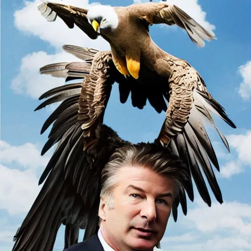 Image similar to alec baldwin on a giant eagle flying high in a sky, photo