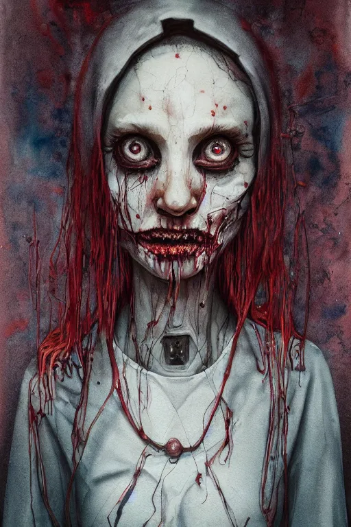 Image similar to watercolor cartoon grunge portrait of a creepy horror nurse girl . intricate abstract. intricate artwork. nightmare fuel. terrifying. by zdzisław Beksiński, wlop, dan mumford , trending on artstation, greg rutkowski very coherent symmetrical artwork. cinematic, hyper realism, high detail, octane render, 8k