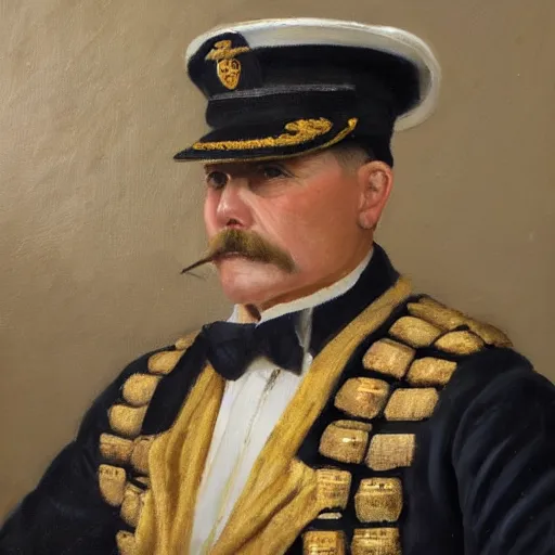 Prompt: Portrait of a middle aged 20th century naval officer. Detailed oil painting.