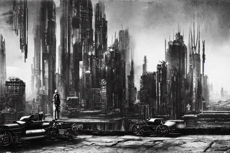 Prompt: cyberpunk 1 9 0 8 model ford t by paul lehr, beksinski, metropolis, parked by view over city, vintage film photo, robotic, black and white photo