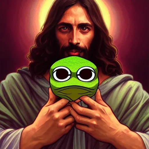 Image similar to jesus holds a pepe frog character, highly detailed, digital painting, artstation, concept art, wallpaper, smooth, sharp focus, illustration, art by and artgerm and greg rutkowski and alphonse mucha