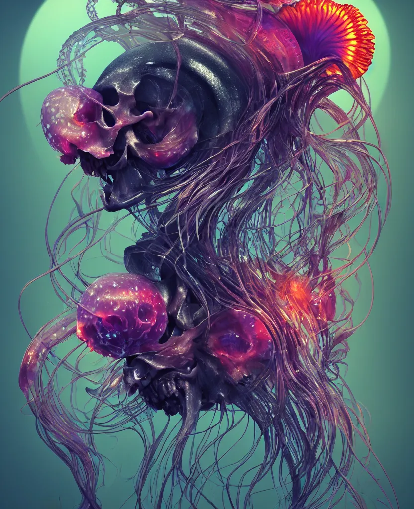 Image similar to goddess close-up portrait animal skull. jellyfish phoenix head, nautilus, orchid, skull, betta fish, bioluminiscent creatures, intricate artwork by Tooth Wu and wlop and beeple. octane render, trending on artstation, greg rutkowski very coherent symmetrical artwork. cinematic, hyper realism, high detail, octane render, 8k