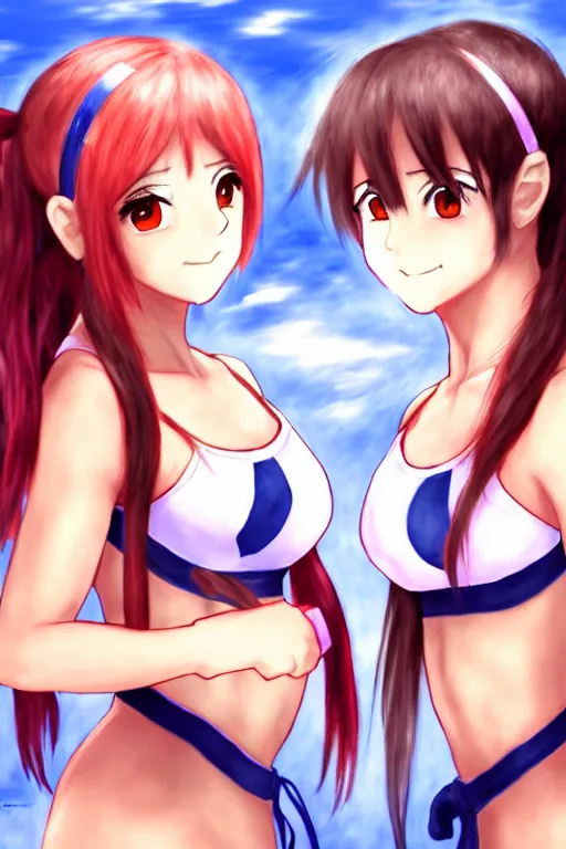 Image similar to two beautiful female fighters with pigtails facing each other, detailed anime art