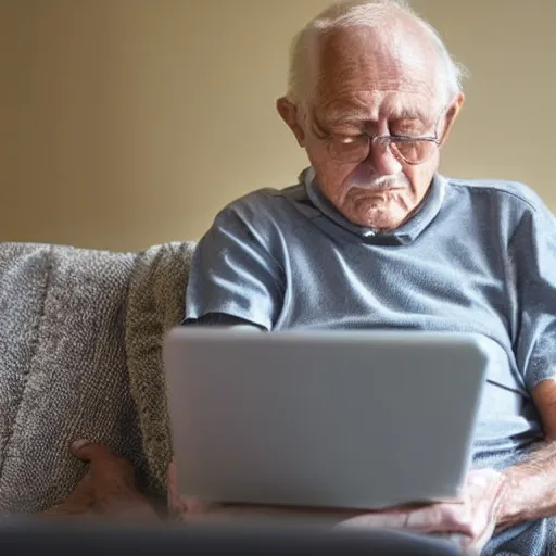 Prompt: elderly man in a coffin browsing internet on laptop