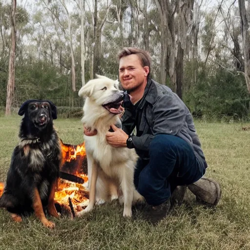 Image similar to photo of hillbilly with long blonde hair and his australian shepherd dog around a bonfire, gray and black dog coat, symmetric face