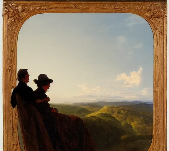 Image similar to landscape portrait of a couple looking over west virginia, smoking cigarettes on the roof, by william sidney mount - 1 8 3 3, trending on artstation