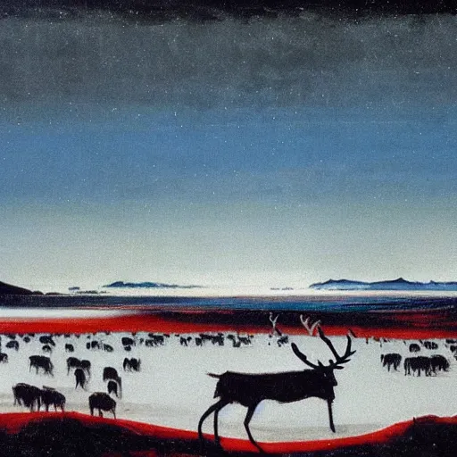 Image similar to the epic abstract painting'blue arctic void with black and red aurora borealis above a large herd of tiny reindeer ', by caspar david friedrich!!!, by rothko!!!, stunning masterpiece, trending on artstation