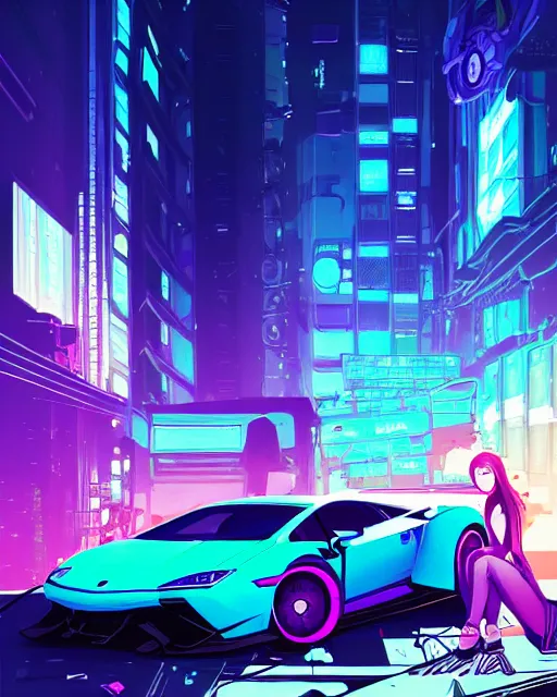 Image similar to digital illustration of cyberpunk pretty girl with blue hair, looking at a purple lamborghini, in junkyard at night, by makoto shinkai, ilya kuvshinov, lois van baarle, rossdraws, basquiat