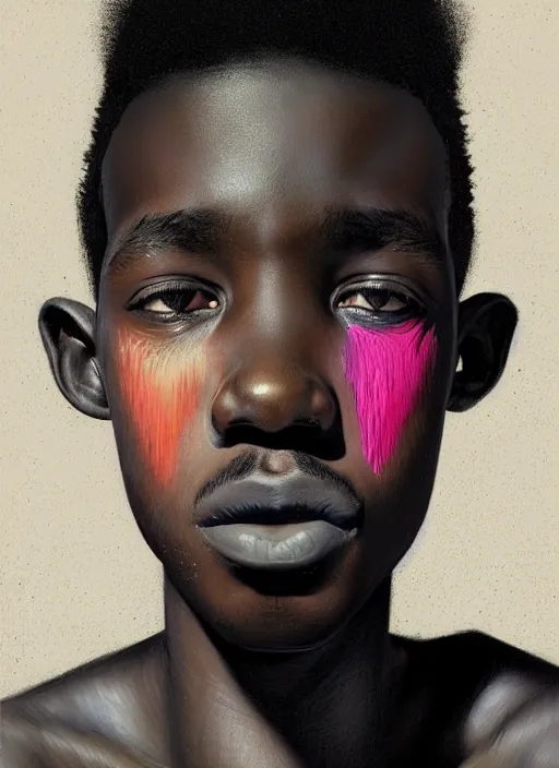 Image similar to portrait of a african teen boy with a crooked nose and a confident expression, 1 9 6 0 s, black clothes, goth, punk, brightly coloured hair, funk, intricate, elegant, highly detailed, digital painting, artstation, concept art, smooth, sharp focus, illustration, art by wlop, mars ravelo and greg rutkowski