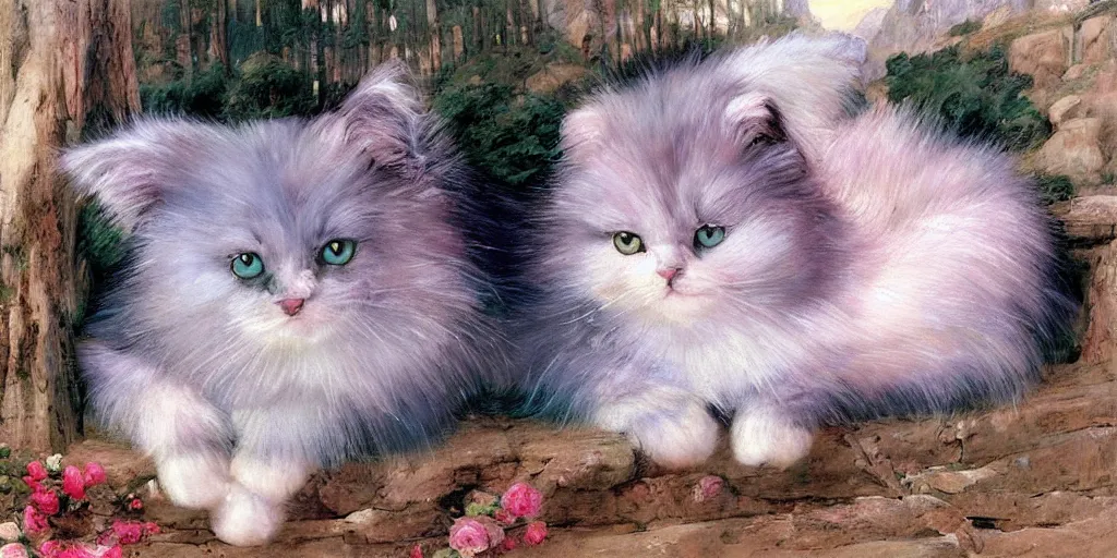 Image similar to 3 d precious moments plush cat with realistic fur and an blue / white / gray / green / pink / tan / mid pink / blue gray color scheme, snowy mountain landscape, master painter and art style of john william waterhouse and caspar david friedrich and philipp otto runge