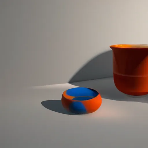 Image similar to White mug, hyperrealism, diffuse shadows, orange and blue diffuse shadows unreal engine 5 tech demo, zillow interior, cool tint, vivid colors, metallic reflective, octane render, Frank Lloyd Wright ((Studio Ghibli))