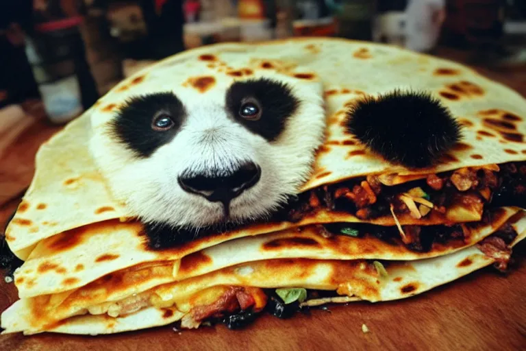 Prompt: a photo of a giant mutant panda quesadilla in its natural habitat, kodak ektachrome e 1 0 0 photography