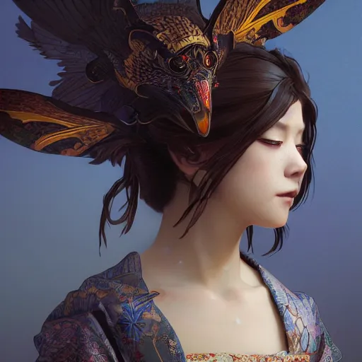 Image similar to a photorealistic dramatic fantasy render of a beautiful woman wearing a beautiful intricately detailed japanese crow kitsune mask and clasical japanese kimono by wlop, artgerm, greg rutkowski, alphonse mucha, beautiful dynamic dramatic dark moody lighting, shadows, cinematic atmosphere, artstation, concept design art, octane render, 8 k