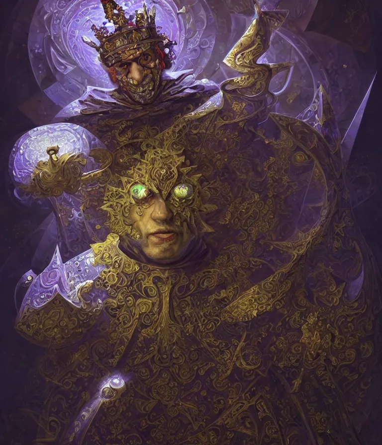 Image similar to front!!! shot of a court jester!!! character, mesmerizing fractal hypercubes, dark holography!!!, future, metallic galactic, crystalline edges, polygonal, elegant, highly detailed, centered, (((artstation, concept art, jagged, sharp focus, artgerm, Tomasz Alen Kopera, Peter Mohrbacher, donato giancola, Joseph Christian Leyendecker, WLOP, Boris Vallejo))), ((raytracing)), mugshot!!!!!, ugly!!!!!!, octane render, nvidia raytracing demo, octane render, nvidia raytracing demo, octane render, nvidia raytracing demo, 8K