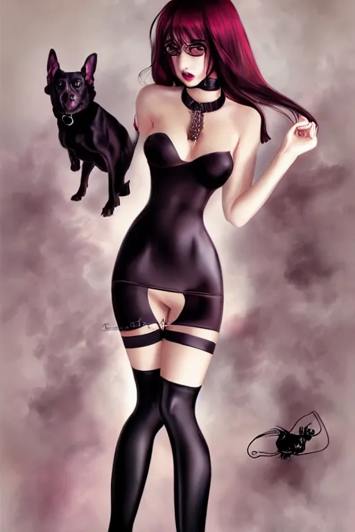 Image similar to Succubus in tight short dress, stockings, heels, dog collar and ponytail portrait, by artgerm, WLOP