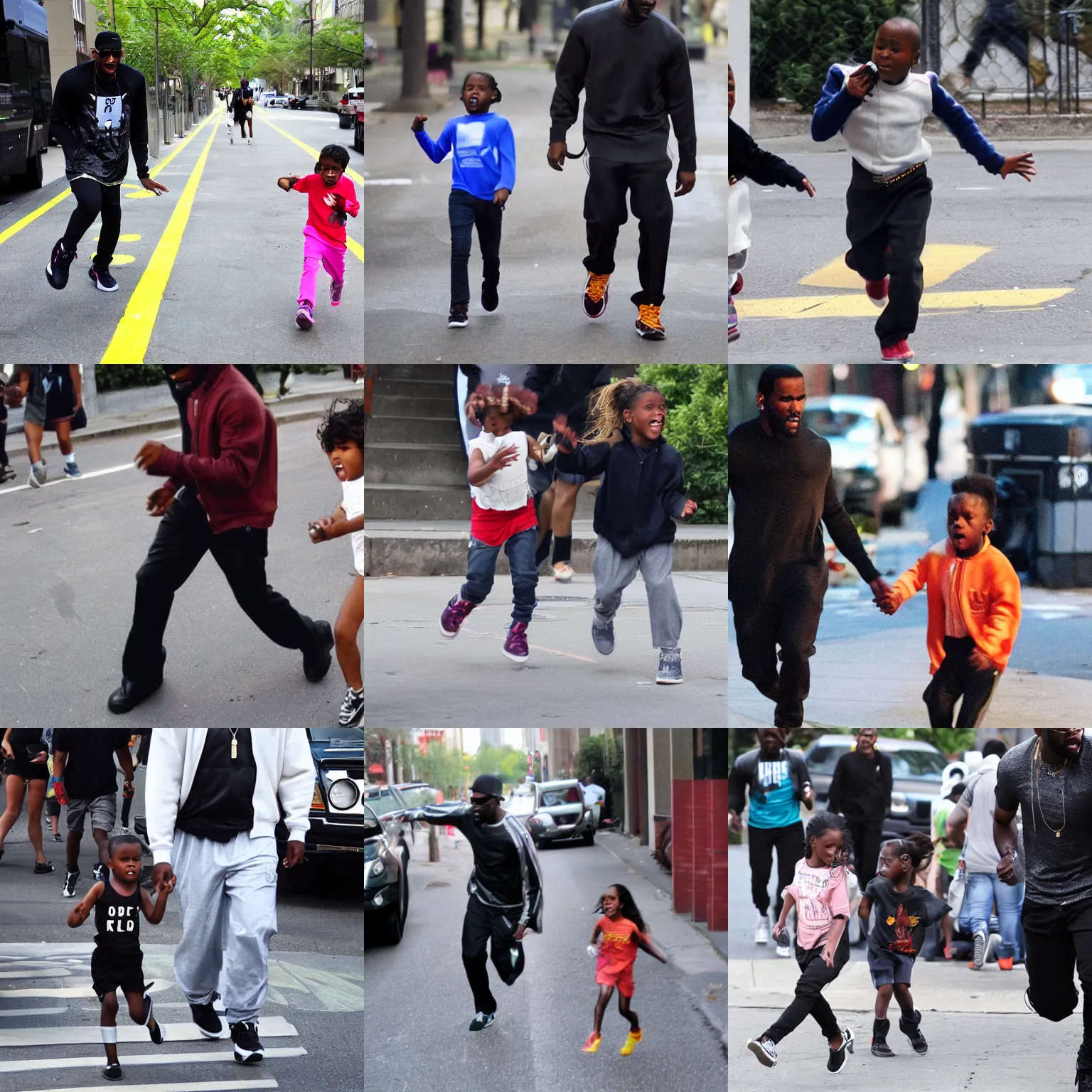 Prompt: child and r kelly running on the street crying and screaming frantically