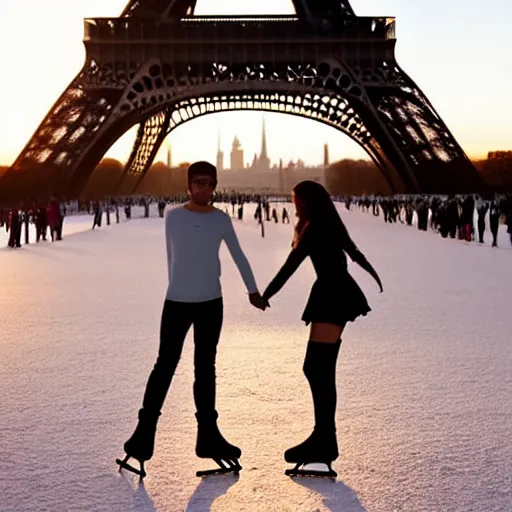 Prompt: extreme long shot, landscape, man and woman with long brown hair ice skating in front of eiffel tower, perfect legs, soft lighting, soft aesthetic, cool pallet, soft focus